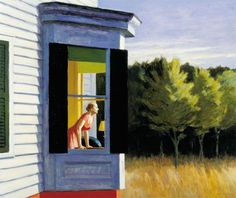 a painting of a woman looking out an open window