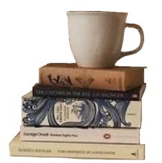 a stack of books with a coffee cup sitting on top of one book and the other stacked up