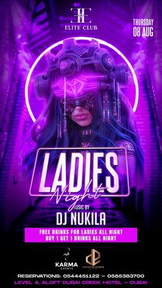 ladies night flyer with dj nukle on the front and purple lights in the background