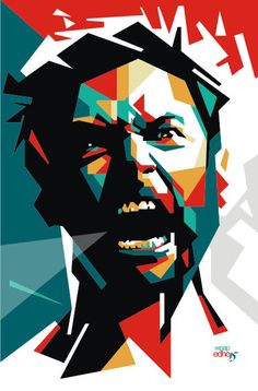 a man's face is shown in this colorful poster