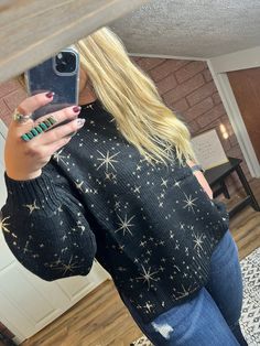 Gold Star Sweater-AND THE WHY-29eleven | Women’s Fashion Boutique in Menan, Idaho Star Embroidery, Grown Women, Star Sweater, Print Sweater, Different Outfits, Women Helping Women, Gold Star, Business Attire, Foil Print