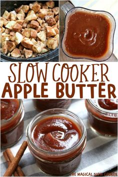 slow cooker apple butter recipe in jars with cinnamon sticks and apples on the side