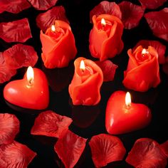 red roses and candles in the shape of hearts surrounded by petals