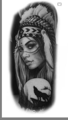 Indian Woman Tattoo, Native American Woman Tattoo, Flash Sleeve, Indian Girl Tattoo, Black And White Traditional Tattoo, Forearm Tattoos For Guys, Native American Wolf Tattoo, Wolf Girl Tattoos