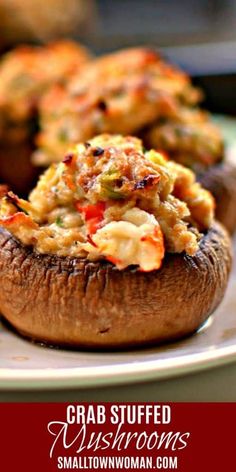 crab stuffed mushrooms on a plate with text overlay