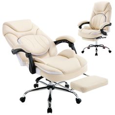 an office chair with footstool and ottoman in white leather, shown from the side