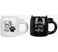 two coffee mugs with the words talk to the cat and coffee is my cauny