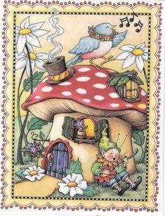 Elf Mushroom House Flower Guitar Bluebird Song Fridge Magnet Mary Engelbreit Art #MaryEngelbreit #AnyOccasion Mary Engelbreit Art, Flower Guitar, Anna Freud, Magnet Art, Mushroom House, Fairy Doors, Mushroom Art, Fairy Land