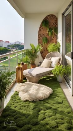 a balcony with green grass and plants on the floor, along with a chaise lounge