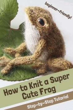 a knitted frog sitting on top of a leaf with the title how to knit a super cute frog