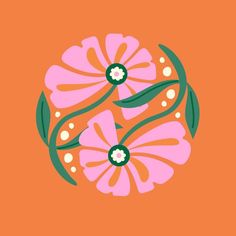 three pink flowers with green leaves on an orange background