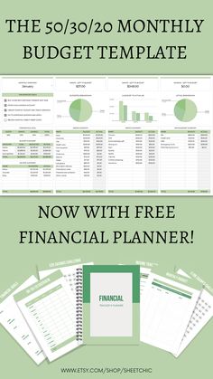 a green and white financial planner with the text,'the 50 / 30 / 20 month