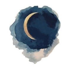 a painting of a crescent in the night sky with clouds and watercolors on paper