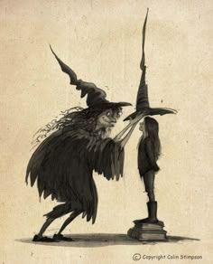 a drawing of a person dressed as a witch with a bird on his head and another man standing next to him