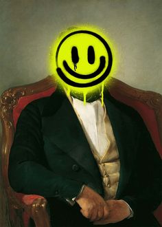 a man sitting in a chair with a smiley face on his head