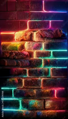 a brick wall with neon lights on it