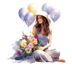 a woman sitting on the ground with balloons and flowers in front of her, holding a bouquet