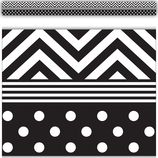 two black and white patterns with polka dots on the bottom, one in diagonal stripes