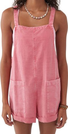 Linen Shortalls Outfit, Bright Summer Clothes, Clothing Styles Aesthetic, Cutesy Outfit, Summer Rompers, Pink Romper, Short Romper, Linen Romper, Shorts Romper