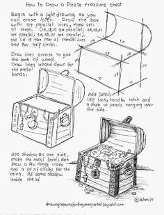 the instructions for how to draw a pirate chest with an open top and closed lid