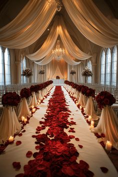 the aisle is decorated with red rose petals and candles