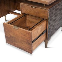 a wooden desk with an open drawer on the bottom and two other drawers below it