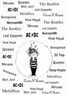 a poster with the names of different musical groups in it's own words and pictures