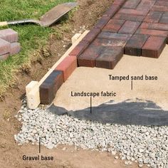 bricks are laid on the ground to form a walkway for an outdoor area with gravel and grass