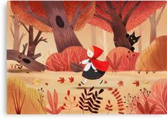 an illustration of a little red riding on a horse in the woods with black cats