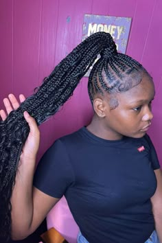 Cornrow Ponytail Hairstyles That Have Braids, Cornroll Ponytail For Black Women, Cornrows Going Up Into A Ponytail, Hair Braided Up Into Ponytail, Braided Into Ponytail Hairstyles, Cornrow In Two Hairstyles, Hairstyles Ponytail Braided, Hair Braided Into A Ponytail, Cornrowed Ponytail