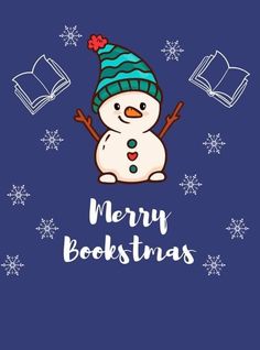 a snowman wearing a hat and scarf with the words merry booksins on it