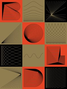 an orange and black poster with different shapes