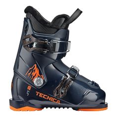 a pair of ski boots with orange soles on the bottom and black upper part