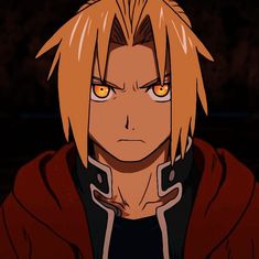 an anime character with blonde hair and orange eyes looks at the camera while standing in front of a dark background