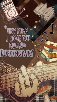 a poster with an image of a person holding a guitar and music notes on it