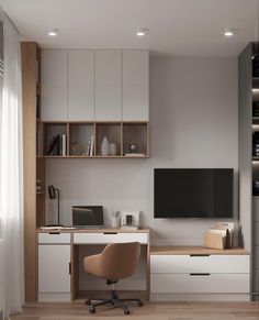 a room with a desk, shelves and a television on the wall in front of it