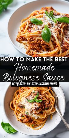 two plates of spaghetti with basil leaves and the words how to make the best homemade bolog