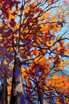 an oil painting of a tree with colorful leaves on it's branches and blue sky in the background