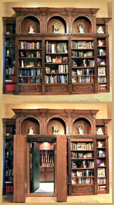 two bookshelves with doors open and shelves full of books