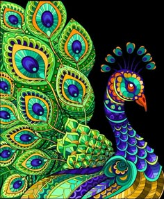 a colorful peacock sitting on top of a black background