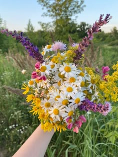 a hand holding a bouquet of wildflowers and daisies in a field with trees in the background