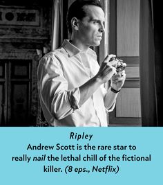 a black and white photo of a man holding something in his hand with the caption ripley andrew scott is the rare star to really nai