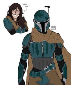 a drawing of a woman with a helmet on and a star wars character next to her