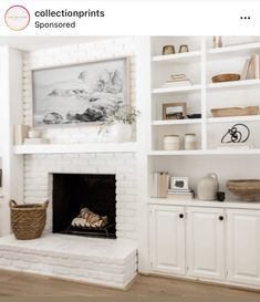 a white fireplace with bookshelves and baskets on the mantels in front of it