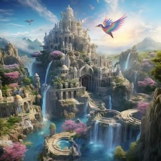 a bird flying over a waterfall with a castle in the background and birds flying around