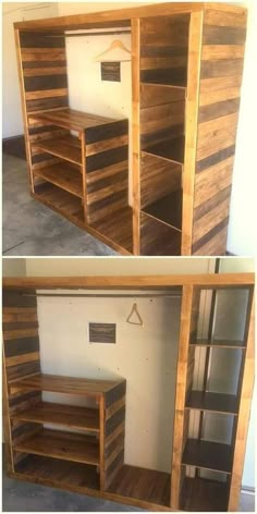 this is an image of two shelves made out of pallets and wooden planks