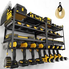 a wall mounted tool rack filled with tools