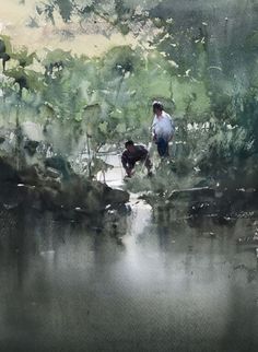 a painting of a man and his dog walking in the woods near a river with trees