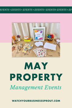 the may property management event is set up on a table with cards and other items