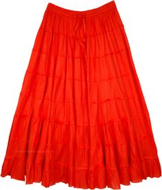 An airy, everyday wear, cotton full skirt in red divided into eight tiers with slight gathers on them.  The tiered layers have an unfinished hem and the skirt is fully lined with cotton fabric as well. #tlb #XLPlus #Misses #TieredSkirt #Dance #Redtieredlongskirt #cottonredlongskirt Orange Ruffled Tiered Skirt Bottoms, Orange Ruffled Tiered Skirt, Red Cotton Ruffled Skirt, Red Cotton Ruffle Skirt, Red Tiered Ruffle Maxi Skirt, Red Ruffled Cotton Skirt, Red Tiered Skirt For Summer, Red Tiered Gathered Maxi Skirt, Red Gathered Tiered Maxi Skirt